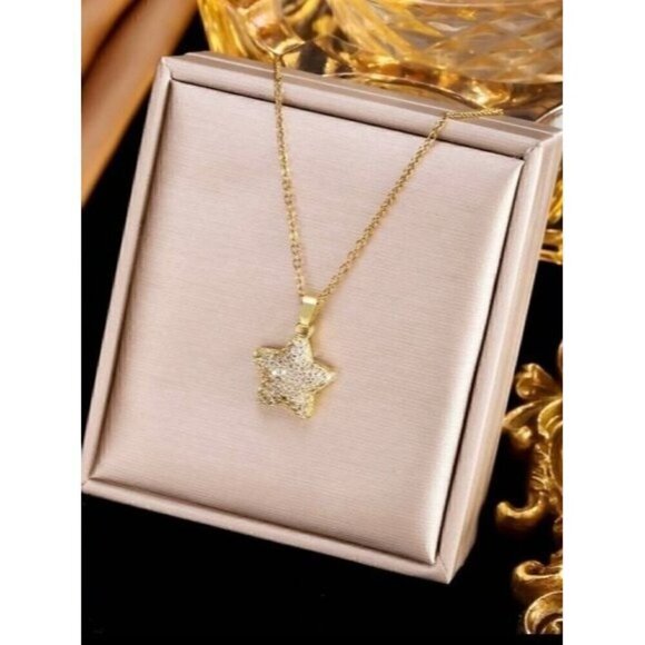 3pcs Gold-Tone Stainless Steel Zirconia Star Necklace And Stud Earrings Set - Picture 2 of 3